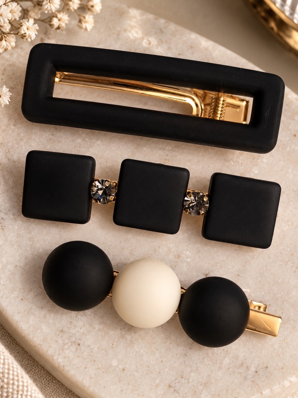 Matte Black & Cream Decorative Hair Clip Set New